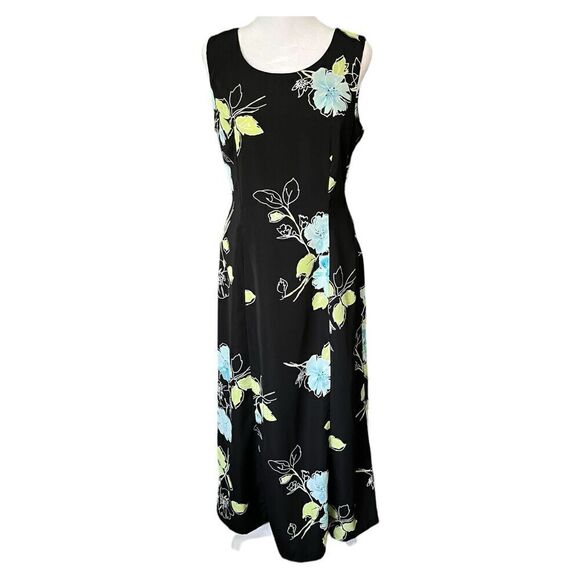 Studio 1 Black Sleeveless Maxi with Large Baby Blue & Green Flowers Size 8 - Picture 1 of 9